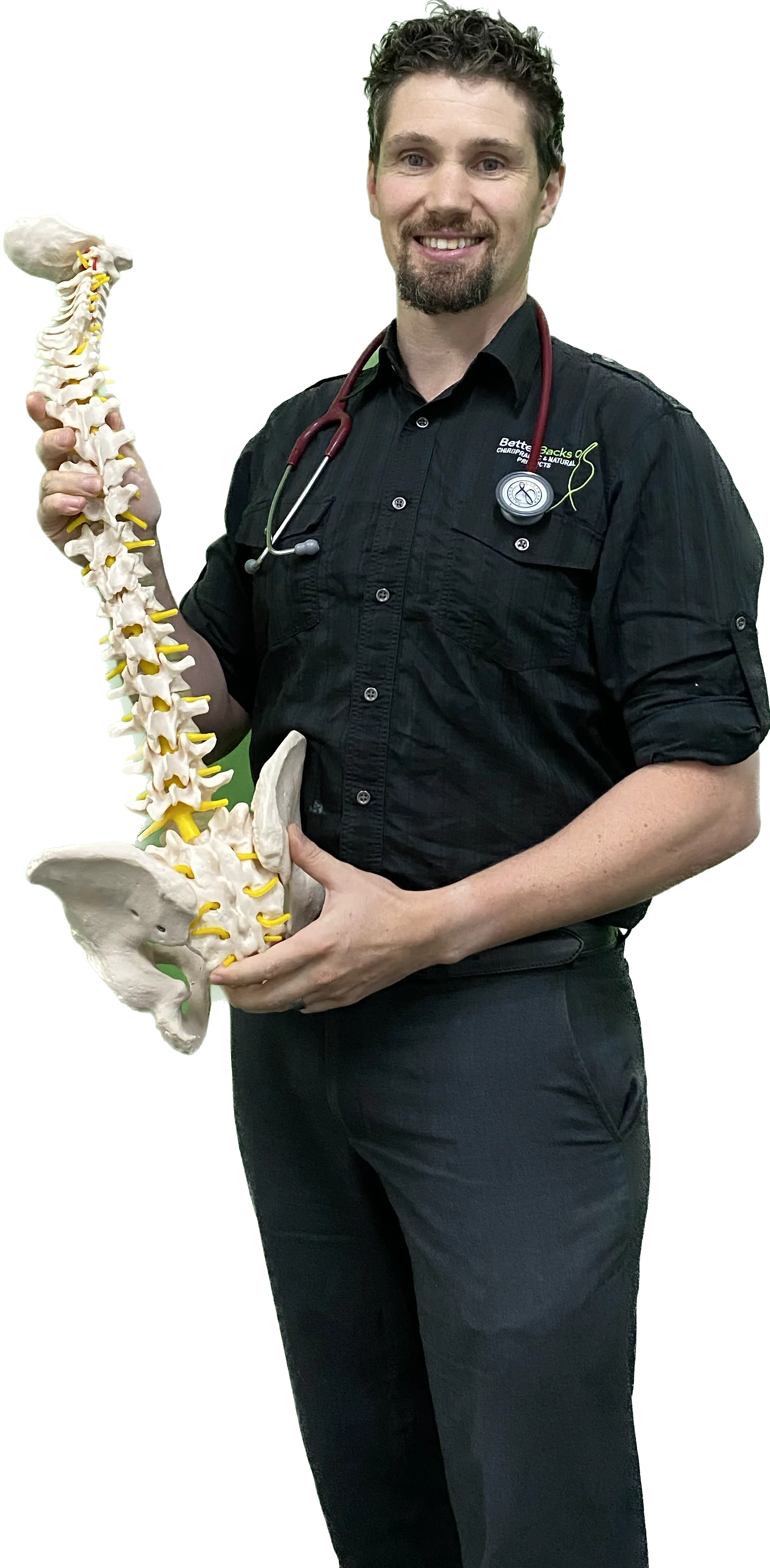 Dr David Jones Chiropractor demonstrating with a spine model.